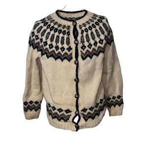 Vintage 1960s Womens Hand Knitted in Norway Fair Isle Wool Brown Tan Cardigan M